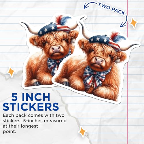 (2 Pack) Highland Cow Stickers - Cute Animal Art - Scottish Highland Cow Decal - 5" On Longest Side - Sticks to Smooth Flat Surfaces - Made in USA - BMCS6361