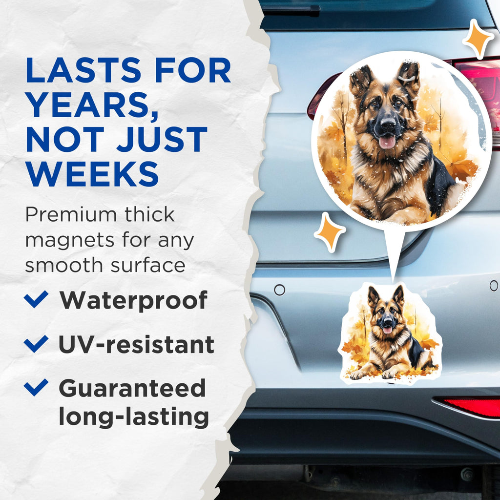 (2 Pack) German Shepherd Dog Magnets - Autumn Leaves Decor - GSD Pet Owner Art - 5 Inches On Longest Side - Thick Durable Magnet - Made in USA - MAG26457