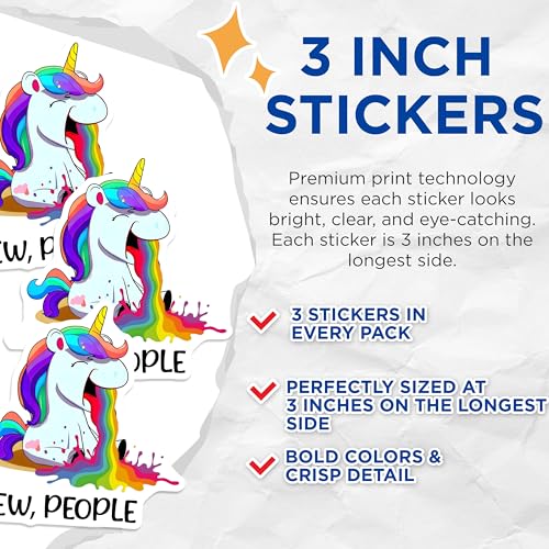 (3 Pack) Rainbow Unicorn Decals - Puking Unicorn - Ew People Laptop Decal - 3 Inches On Longest Side - Easy Peel & Apply - Made in USA - 3MCS6572