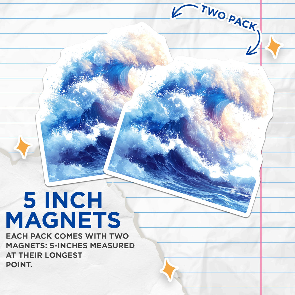(2 Pack) Crashing Wave Magnets - Vibrant Ocean Art - Coastal Home Decor - 5 Inches On Longest Side - Thick Durable Magnet - Made in USA - MAG24766