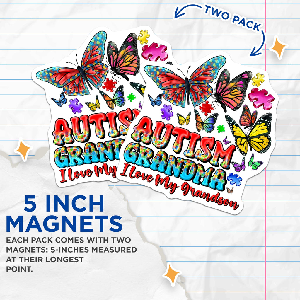 (2 Pack) Autism Grandma Magnets - I Love My Grandson Advocate - Butterfly Puzzle Piece Design - 5 Inches On Longest Side - Thick Durable Magnet - Made in USA - MAG30386