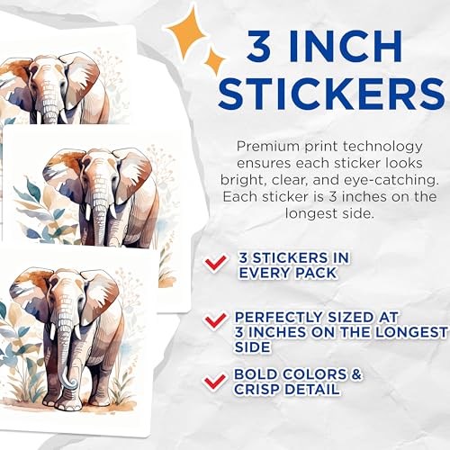 (3 Pack) Elephant Decals - Watercolor Elephant Art - Boho Laptop Decal - 3 Inches On Longest Side - Easy Peel & Apply - Made in USA - 3MCS7446