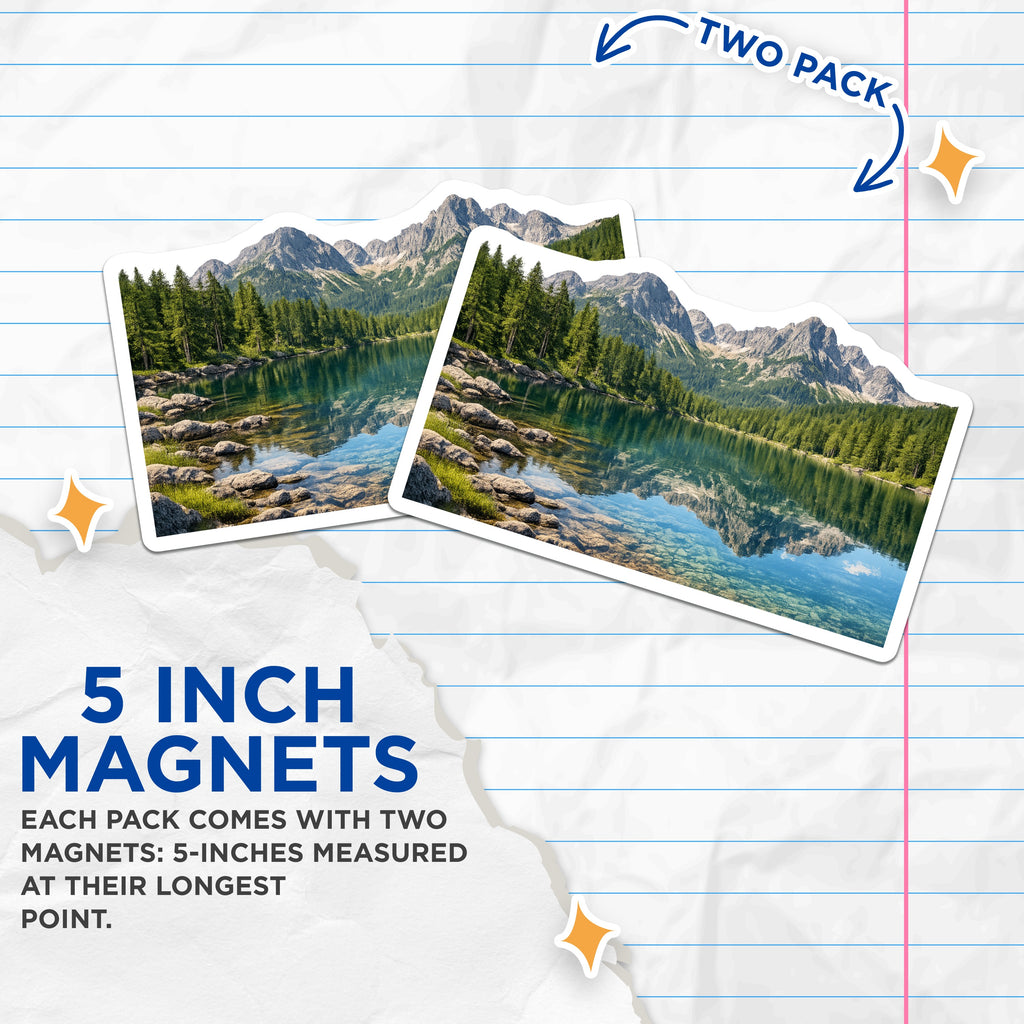 (2 Pack) Mountain Lake Scene Magnets - Forest Landscape View - Alpine Reflection Decor - 5 Inches On Longest Side - Thick Durable Magnet - Made in USA - MAG36132
