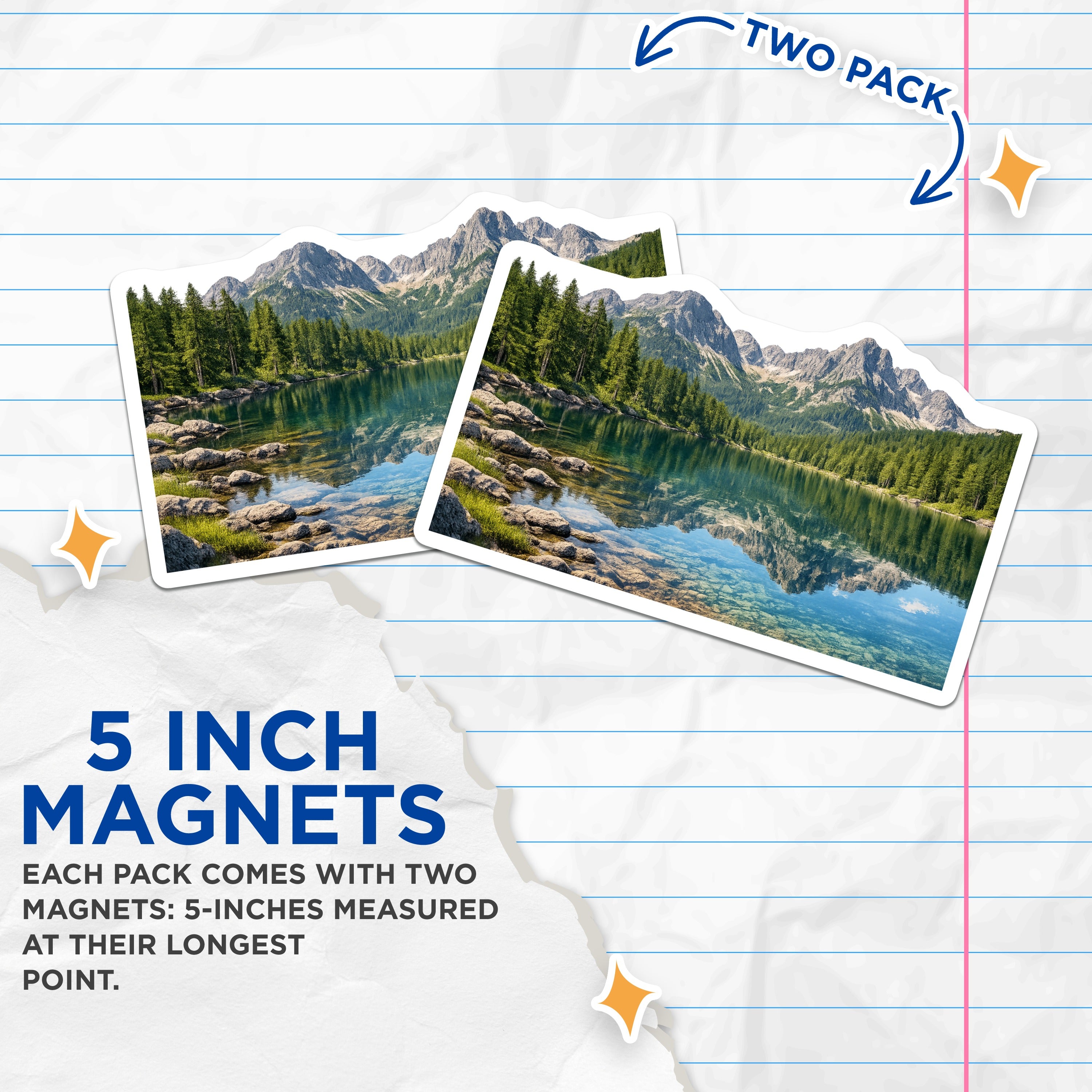 (2 Pack) Mountain Lake Scene Magnets - Forest Landscape View - Alpine Reflection Decor - 5 Inches On Longest Side - Thick Durable Magnet - Made in USA - MAG36132