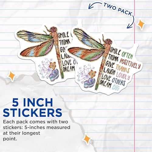 (2 Pack) Inspirational Dragonfly Stickers - Motivational Quote Stickers - Colorful Dragonfly Decal - 5" On Longest Side - Sticks to Smooth Flat Surfaces - Made in USA - BMCS4184