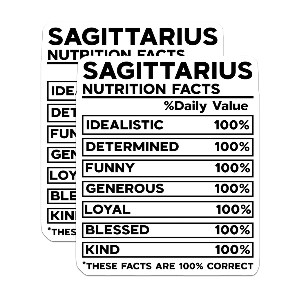 (2 Pack) Sagittarius Nutrition Facts Stickers - Astrology Zodiac Stickers - Star Sign Fun Stickers - 5" On Longest Side - Sticks to Smooth Flat Surfaces - Made in USA - BMCS5288