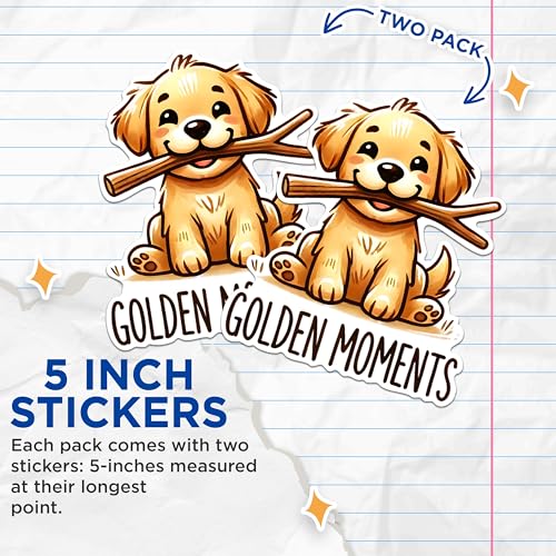 (2 Packs) Golden Moments Stickers - Golden Retriever Puppy Lover Decals - 5 Inches On Longest Side - Premium Vinyl Decal - Sticks to Any Smooth Flat Surface - Made in USA - BMCS2336