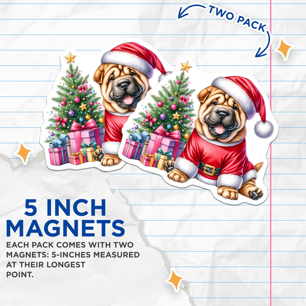 (2 Pack) Shar Pei Dog Magnets - Santa Christmas Holiday Decor - Pet Lover Refrigerator Accessory - 5 Inches On Longest Side - Thick Durable Magnet - Made in USA - MAG29764