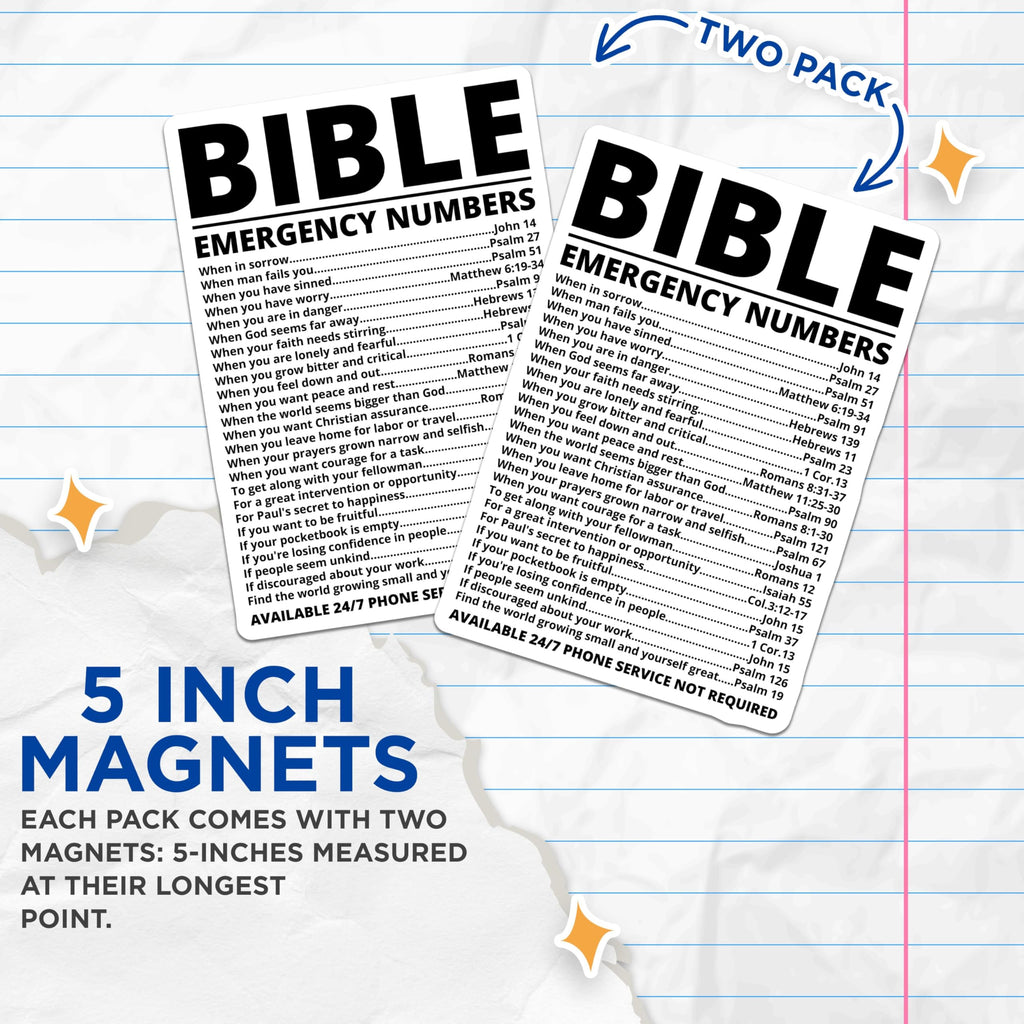 (2 Pack) Bible Emergency Numbers Magnets - Inspirational Biblical Quotes - Christian Scripture Reference Guide - 5" On Longest Side - for Cars, Fridges, Toolboxes - Made in USA - MAG3876