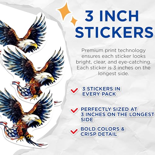 (3 Pack) American Eagle Decals - Patriotic Stickers - USA Flag Laptop Decal - 3 Inches On Longest Side - Easy Peel & Apply - Made in USA - 3MCS1104