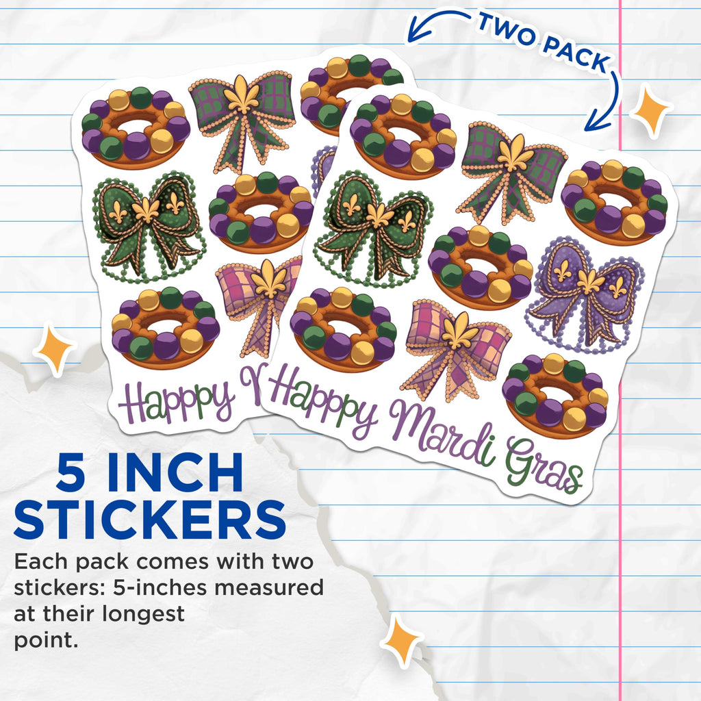 (2 Pack) Mardi Gras Stickers - Happy Mardi Gras - Mardi Gras Decorations - Carnival Stickers - 5" On Longest Side - Sticks to Smooth Flat Surfaces - Made in USA - BMCS4136