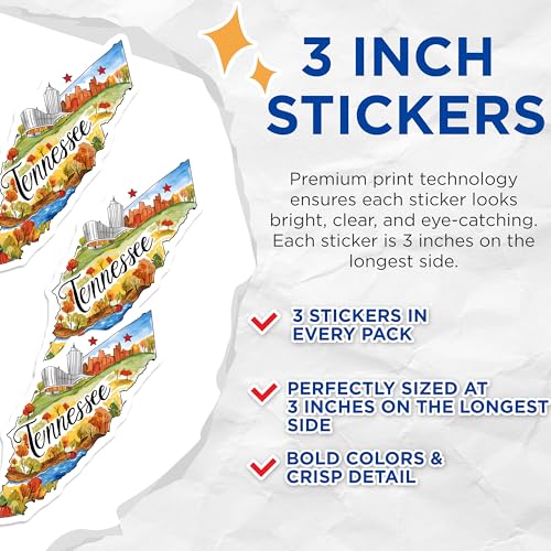 (3 Pack) Tennessee Decals - Watercolor Tennessee Art - State Pride Laptop Decal- 3 Inches On Longest Side - Easy Peel & Apply - Made in USA - 3MCS5069