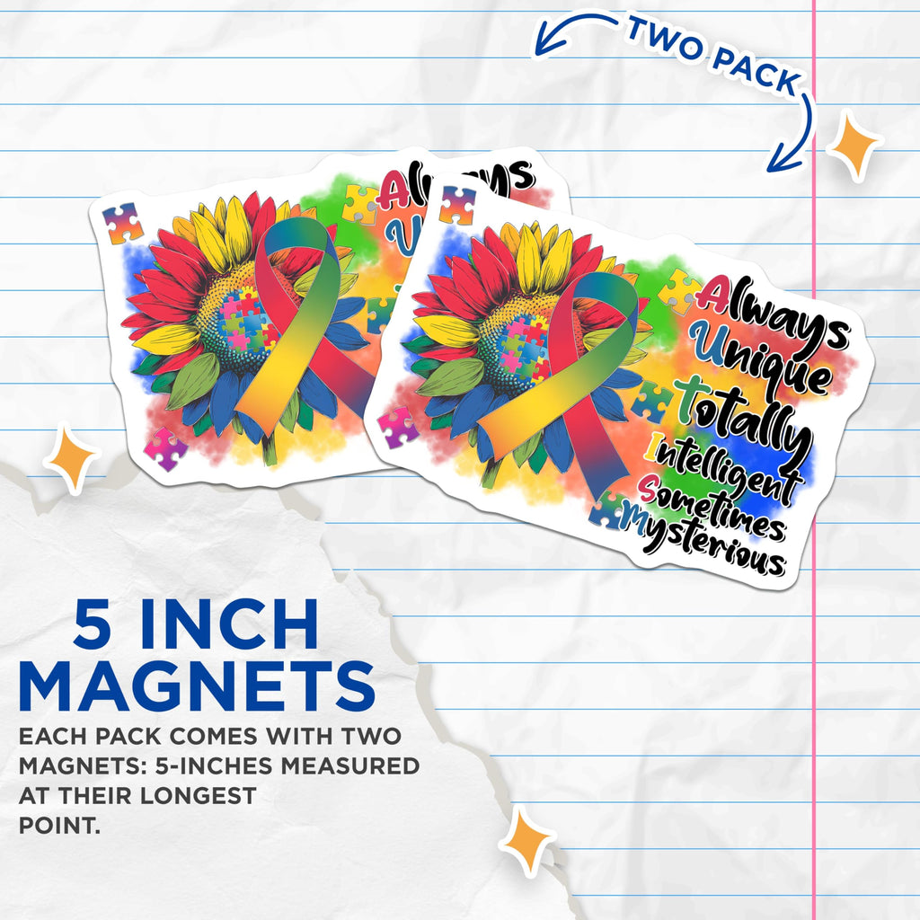 (2 Pack) Colorful Autism Awareness Magnet - Inspirational Flower Design - 5" On Longest Side - Sticks to Smooth Flat Surfaces - Made in USA - MAG9691