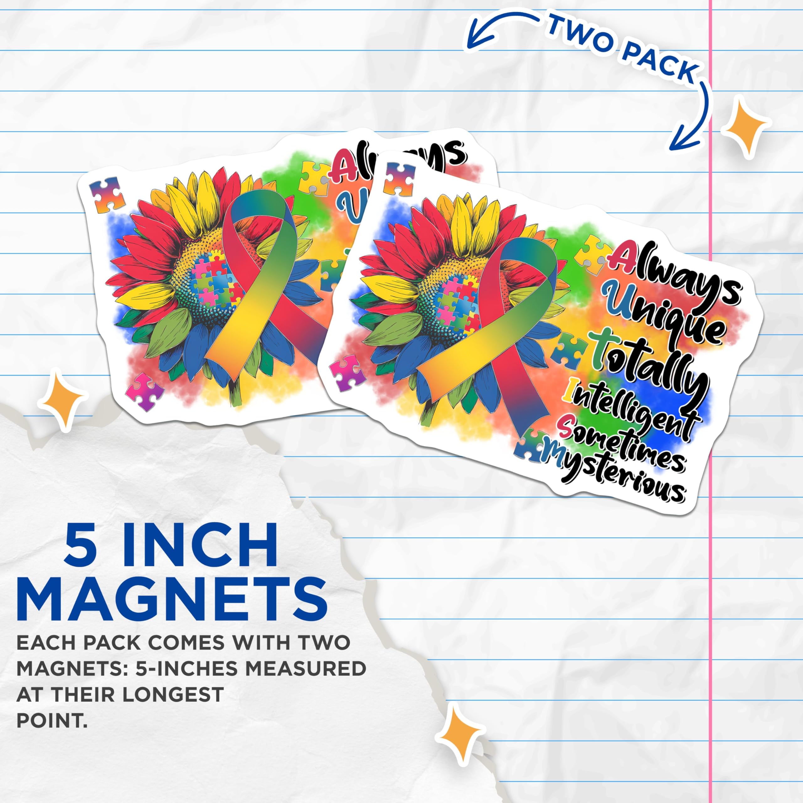 (2 Pack) Colorful Autism Awareness Magnet - Inspirational Flower Design - 5" On Longest Side - Sticks to Smooth Flat Surfaces - Made in USA - MAG9691