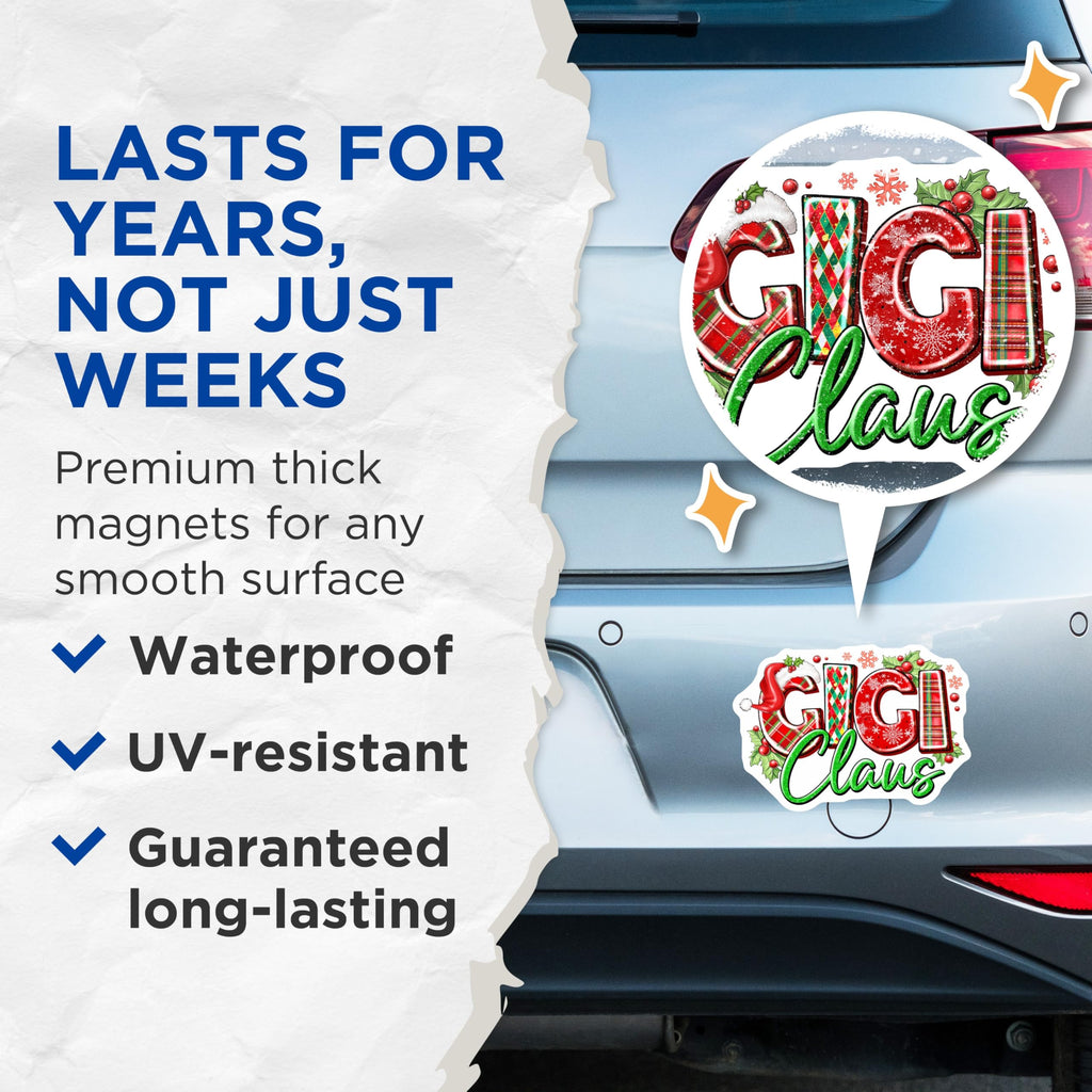(2 Pack) Gigi Claus Magnets - Personalized Grandma Holiday Decor - Festive Plaid Santa Hat - Winter Refrigerator Magnets - 5 Inches On Longest Side - Thick Durable Magnet - Made in USA - MAG24039