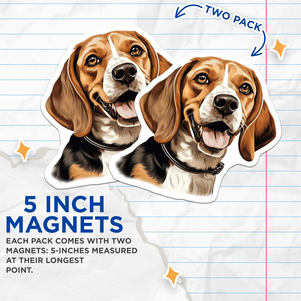 (2 Pack) Happy Beagle Dog Magnets - Adorable Tri Color Beagle Art - Pet Owner Refrigerator Locker Office Accessory - 5 Inches On Longest Side - Thick Durable Magnet - Made in USA - MAG30025