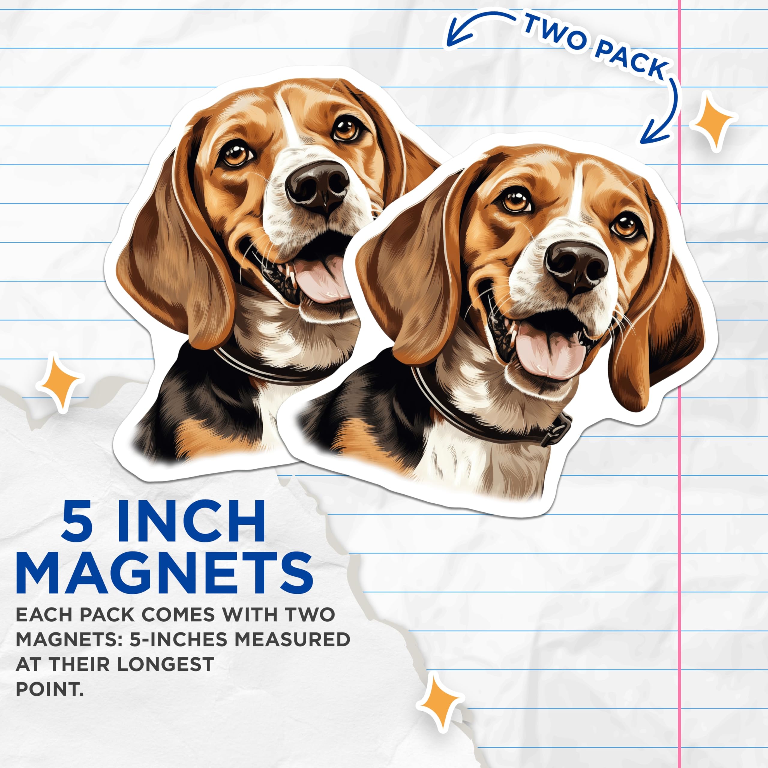 (2 Pack) Happy Beagle Dog Magnets - Adorable Tri Color Beagle Art - Pet Owner Refrigerator Locker Office Accessory - 5 Inches On Longest Side - Thick Durable Magnet - Made in USA - MAG30025