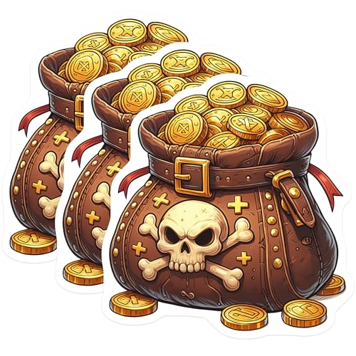 (3 Pack) Treasure Decals - Skull Coins - Pirate Laptop Decal- 3 Inches On Longest Side - Easy Peel & Apply - Made in USA - 3MCS5577