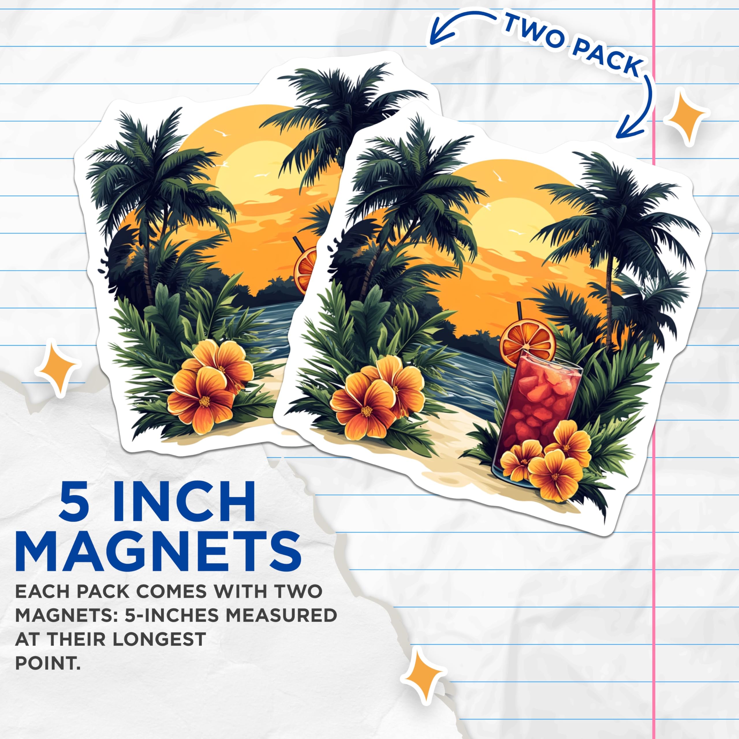 (2 Pack) Tropical Sunset Magnets - Summer Beach Decor - Island Life Souvenirs - 5 Inches On Longest Side - Thick Durable Magnet - Made in USA - MAG30919