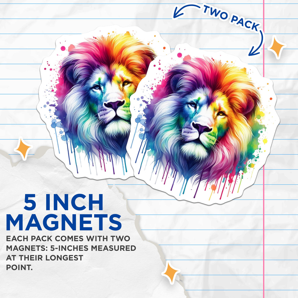 (2 Pack) Rainbow Lion Magnets - Watercolor Animal Art - Majestic Big Cat Pride Decor - Vibrant Fridge Locker Accent - 5 Inches On Longest Side - Thick Durable Magnet - Made in USA - MAG36208
