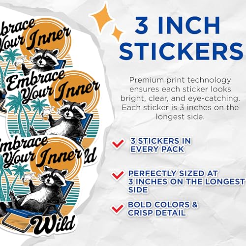 (3 Pack) Raccoon Laptop Decals - Embrace Inner Wild - Beach Vibe Decals - 3 Inches On Longest Side - Easy Peel & Apply - Made in USA - 3MCS0944