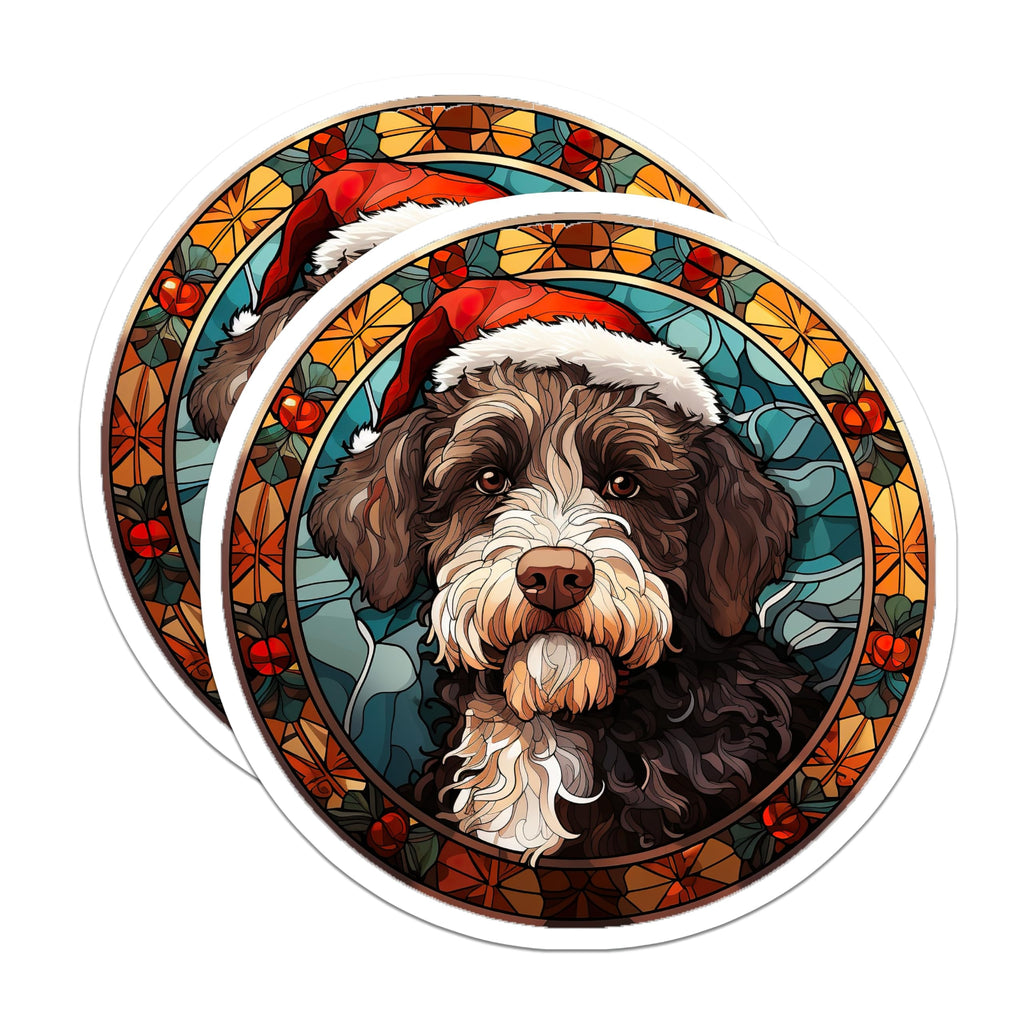 (2 Pack) Christmas Doodle Dog Magnets - Stained Glass Pet Art - Santa Hat Puppy Decor for Fridge or Locker - 5 Inches On Longest Side - Thick Durable Magnet - Made in USA - MAG28955