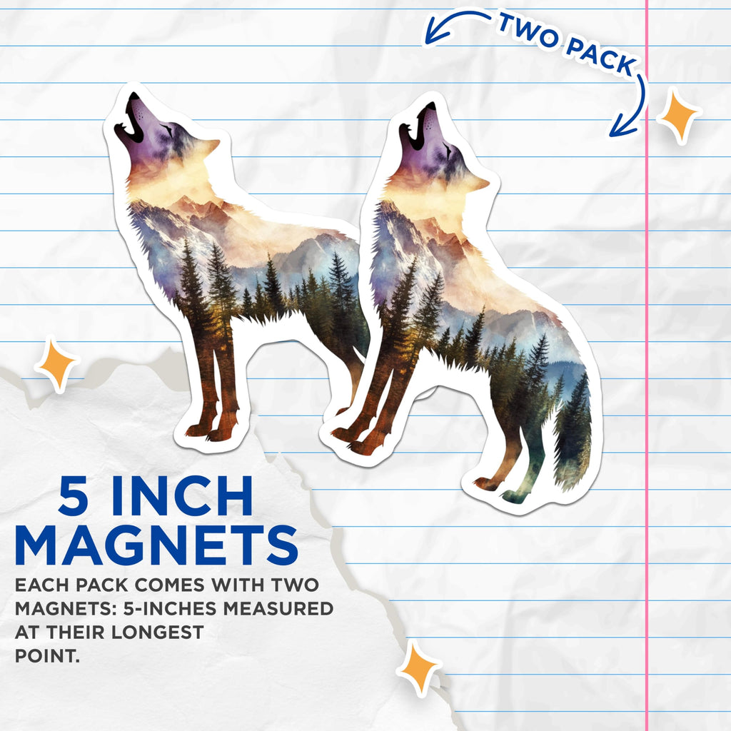 (2 Pack) Wolf Howling Magnets - Mountain Scene Decor - Nature Lover Fridge Embellishments - 5" On Longest Side - Premium Magnet - for Cars, Refrigerators, Toolboxes, Lockers - Made in USA - MAG15816
