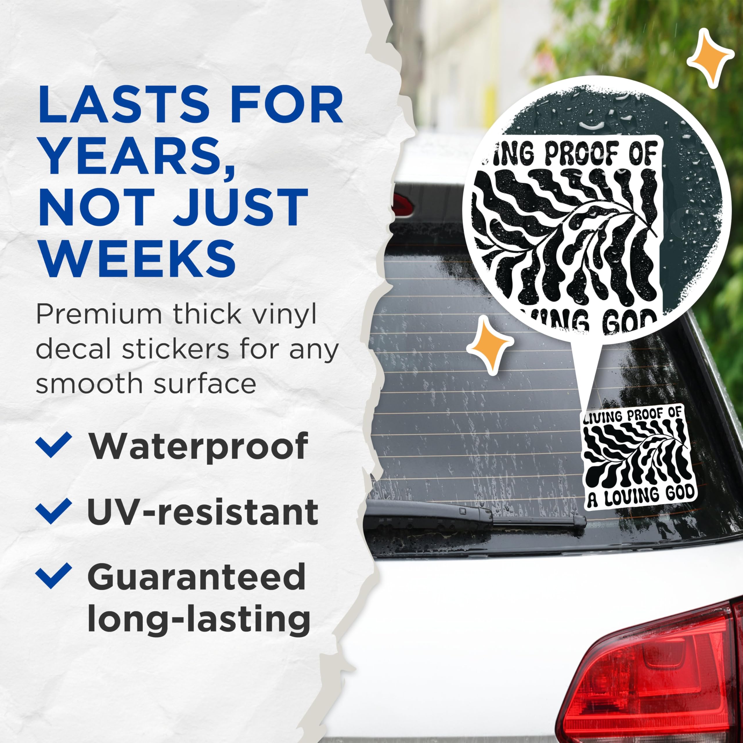 (2 Pack) Living Proof of a Loving God Stickers - Inspirational Quote Stickers - Motivational Leaf Design Stickers - 5" On Longest Side - Sticks to Any Smooth Flat Surface - Made in USA - BMCS3102