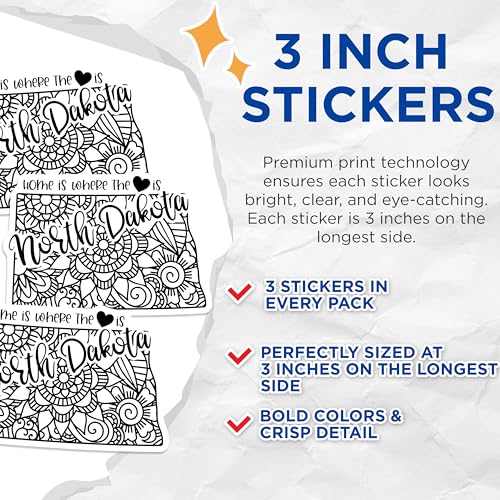 (3 Pack) North Dakota Decals - Home State Love - Mandala Decal - 3 Inches On Longest Side - Easy Peel & Apply - Made in USA - 3MCS7847