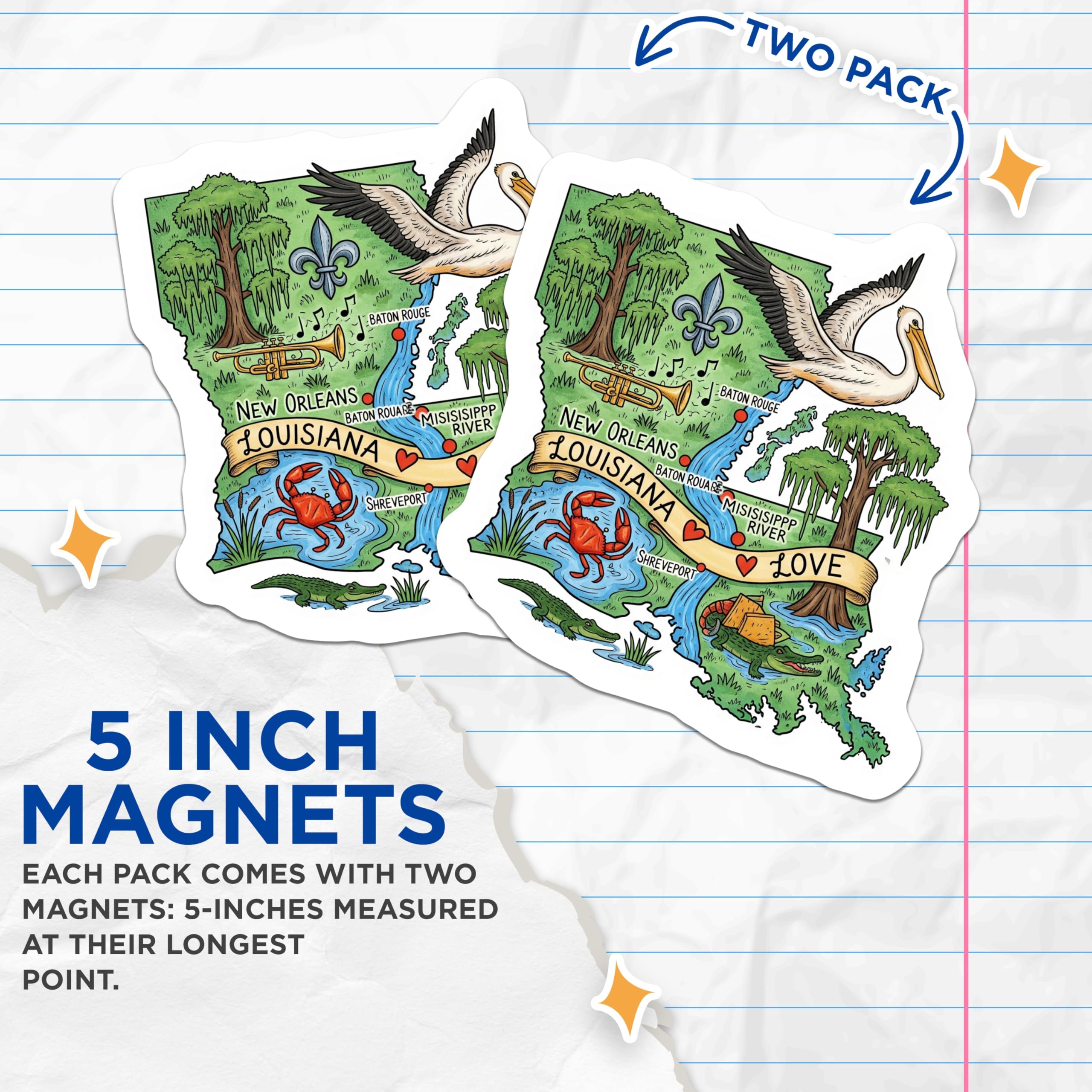 (2 Pack) Louisiana State Map Magnets - New Orleans - Southern US State Decor - 5" On Longest Side - Premium Magnet - for Cars, Refrigerators, Toolboxes, Lockers - Made in USA - MAG15534