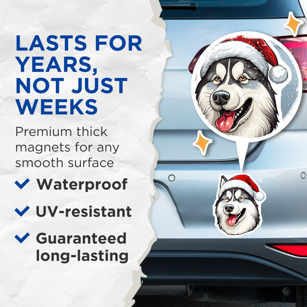 (2 Pack) Siberian Husky Magnets - Festive Christmas Dog Decor - Adorable Santa Hat Pet Head - Holiday Animal Lover Collection - 5 Inches On Longest Side - Thick Durable Magnet - Made in USA - MAG24598