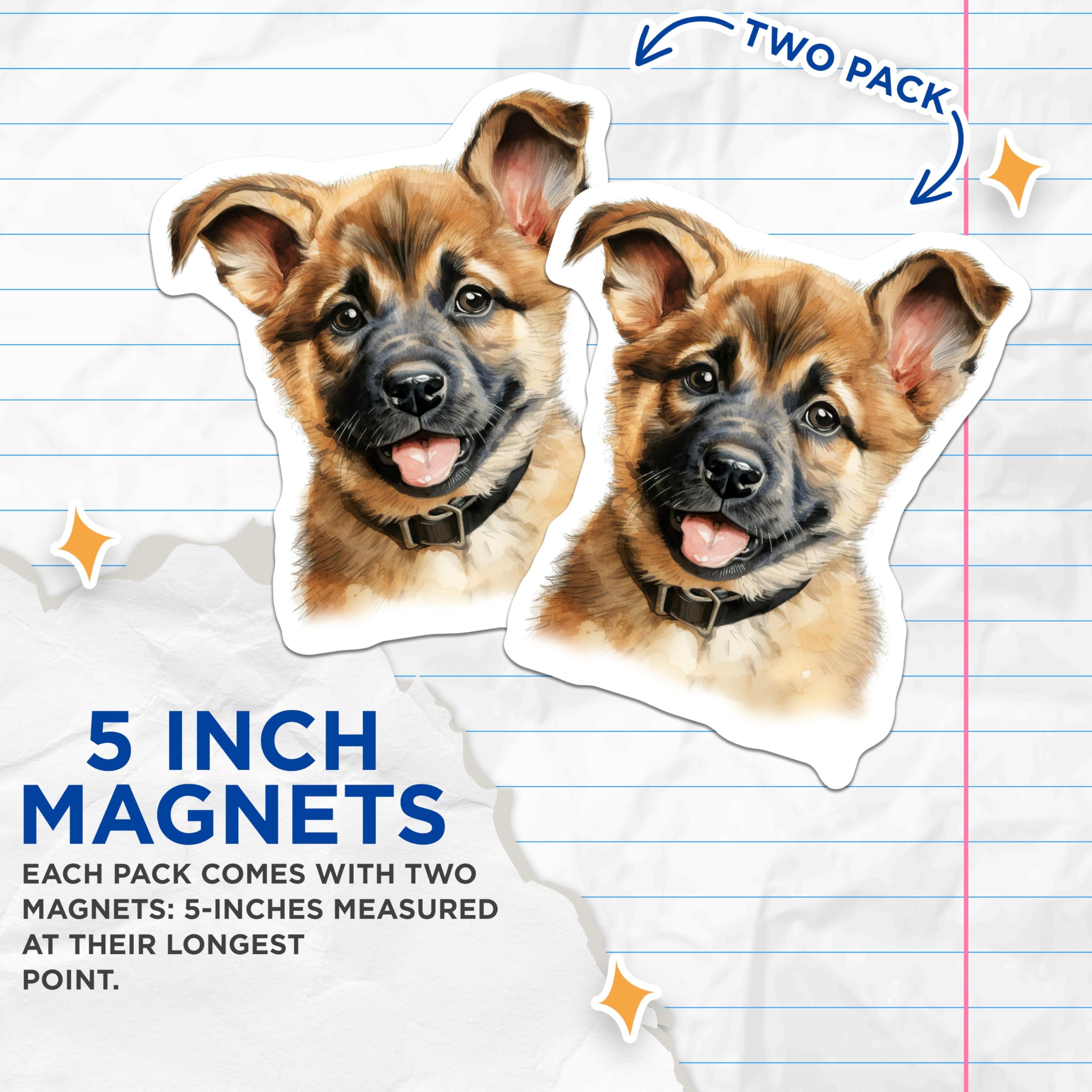 (2 Pack) German Shepherd Puppy Magnets - Cute Dog Artwork - Fridge Locker Decor - 5 Inches On Longest Side - Thick Durable Magnet - Made in USA - MAG24754