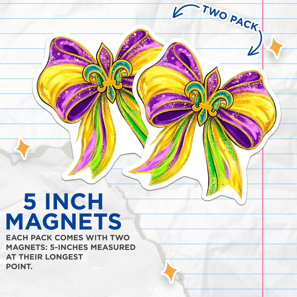 (2 Pack) Fleur De Lis Magnets - Mardi Gras Decoration - Purple Gold Green Magnets - 5" On Longest Side - Premium Magnet - for Cars, Refrigerators, Toolboxes, Lockers - Made in USA - MAG17062