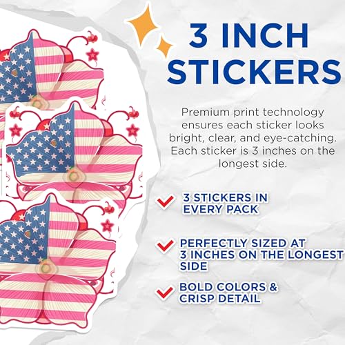 (3 Pack) American Flag Flower Decals - Patriotic Floral - USA Laptop Decal - 3 Inches On Longest Side - Easy Peel & Apply - Made in USA - 3MCS7735