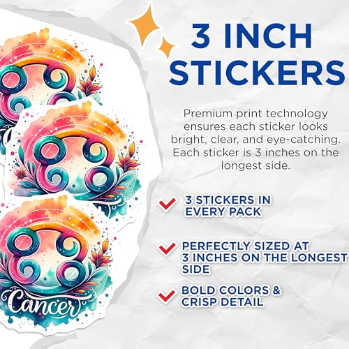 (3 Pack) Cancer Zodiac Decals - Horoscope Sign - Astrology Stickers- 3 Inches On Longest Side - Easy Peel & Apply - Made in USA - 3MCS5495