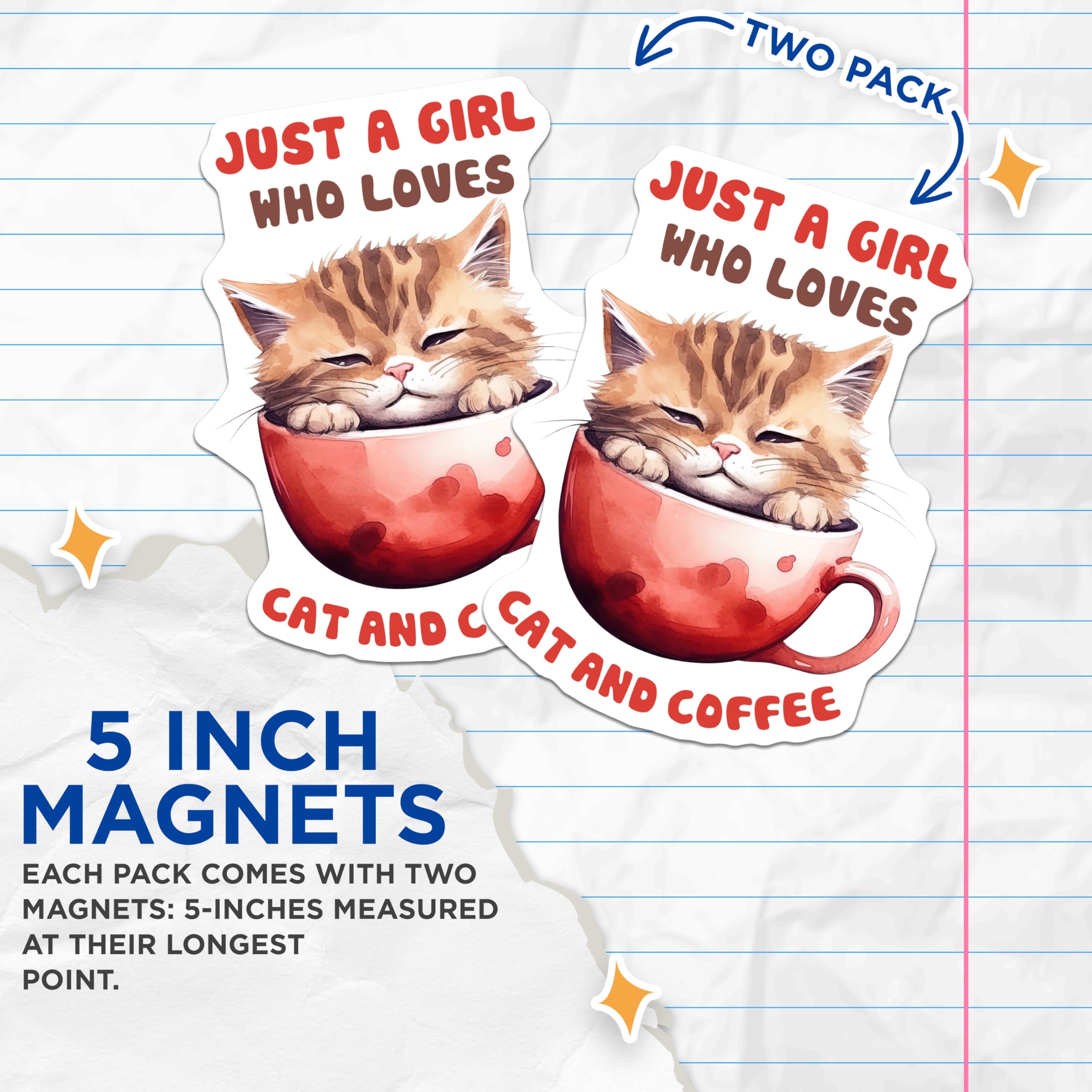 (2 Pack) Cat and Coffee Magnets - Cute Kitten Art - Refrigerator Magnets - 5" On Longest Side - Premium Magnet - for Cars, Refrigerators, Toolboxes, Lockers - Made in USA - MAG14635