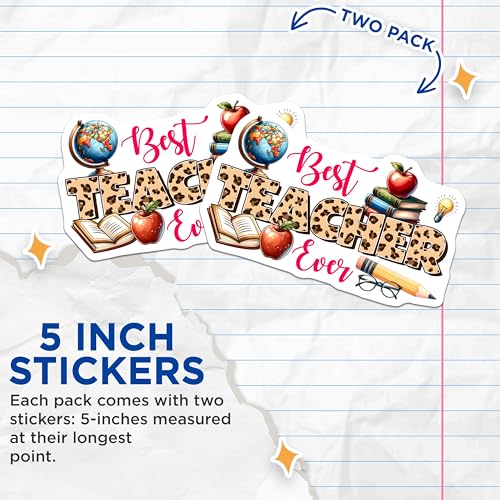 (2 Pack) Best Teacher Ever Stickers - Teacher Appreciation - Classroom Decor - Teacher Gift - 5" On Longest Side - Sticks to Smooth Flat Surfaces - Made in USA - BMCS8045