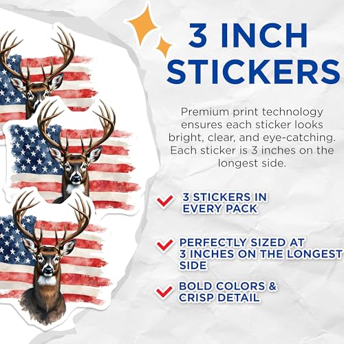 (3 Pack) Deer Decals - American Flag Art - Laptop Decal - 3 Inches On Longest Side - Easy Peel & Apply - Made in USA - 3MCS8592