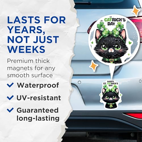 (2 Pack) Happy St Catrick's Day Magnets - Black Cat with Shamrock - St Patrick's Day Cat Decor - 5" On Longest Side - for Cars, Fridges, Toolboxes - Made in USA - MAG8101