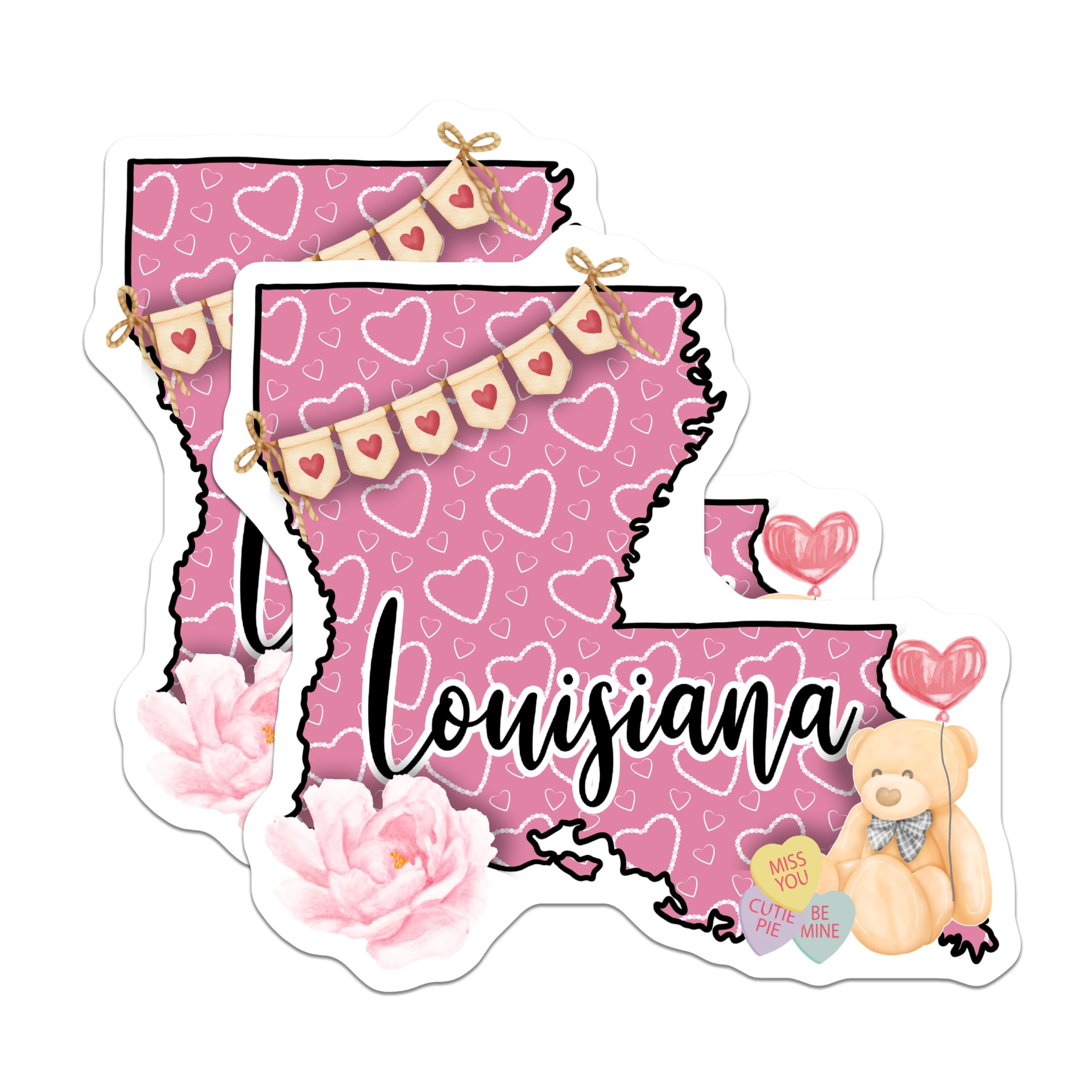 (2 Pack) Louisiana Stickers - Teddy Bear Candy Heart - State Love Stickers - 5" On Longest Side - Sticks to Smooth Flat Surfaces - Made in USA - BMCS18441
