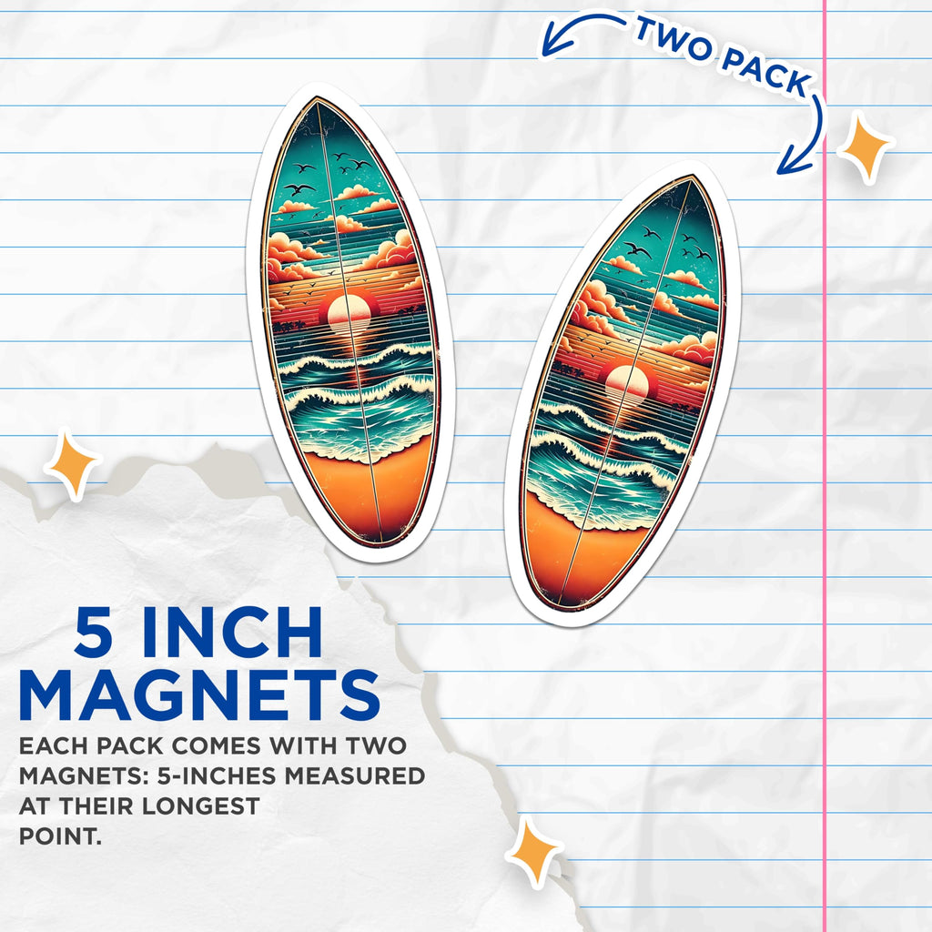 (2 Pack) Surfboard Art Magnets - Beach Sunset Design - Ocean Waves Coastal Fridge Magnets - 5" On Longest Side - Premium Magnet - for Cars, Refrigerators, Toolboxes, Lockers - Made in USA - MAG14474