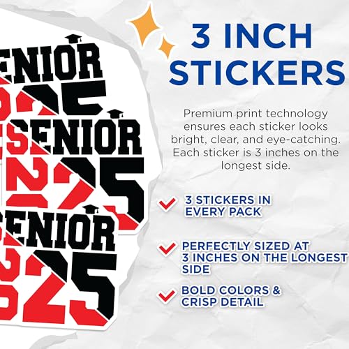 (3 Pack) Senior 2025 Decals - Graduation Year - Class of 2025-3 Inches On Longest Side - Easy Peel & Apply - Made in USA - 3MCS1880