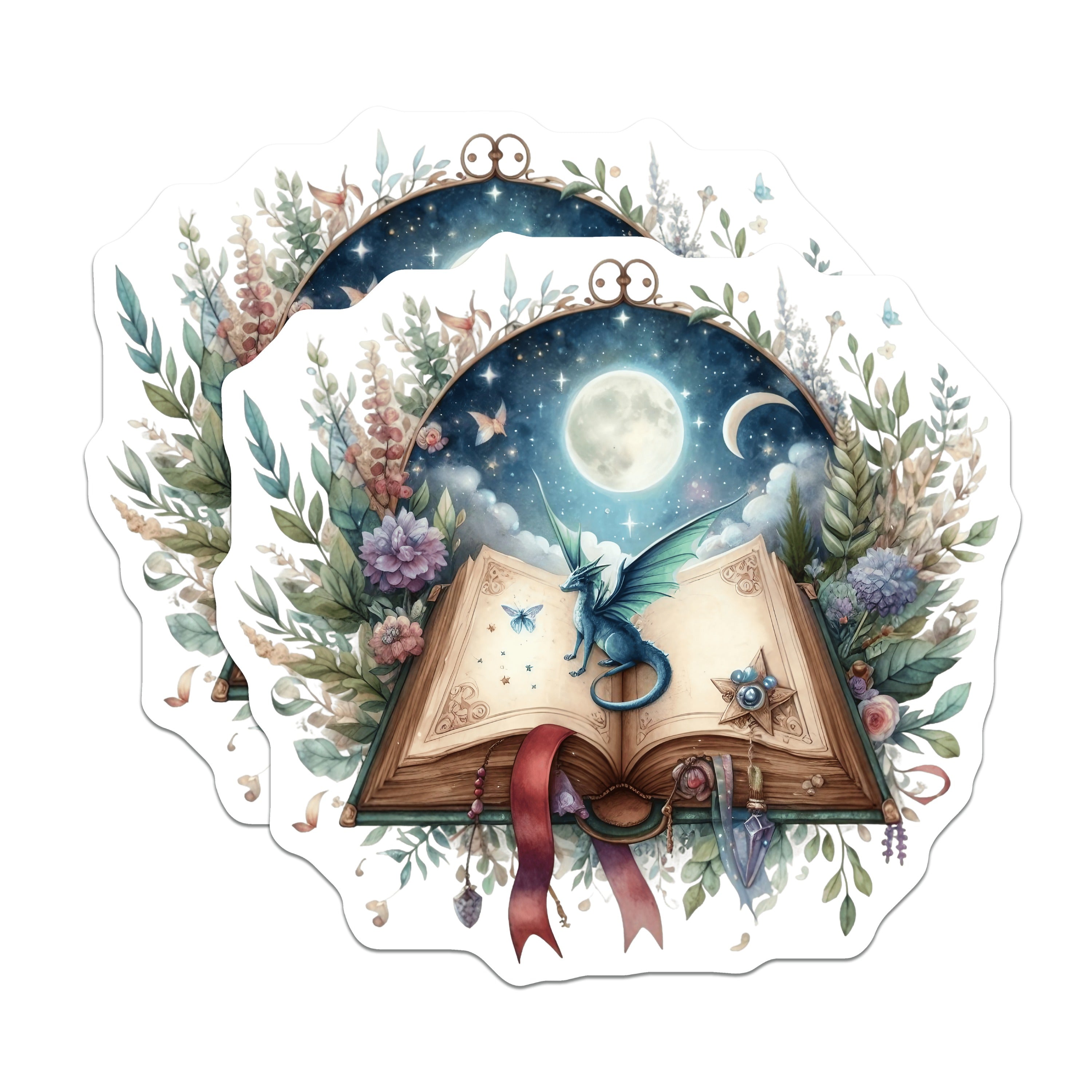 (2 Pack) Fantasy Dragon Magnets - Magical Moon Book Art - Whimsical Reader Fridge Locker Decor - 5 Inches On Longest Side - Thick Durable Magnet - Made in USA - MAG37230