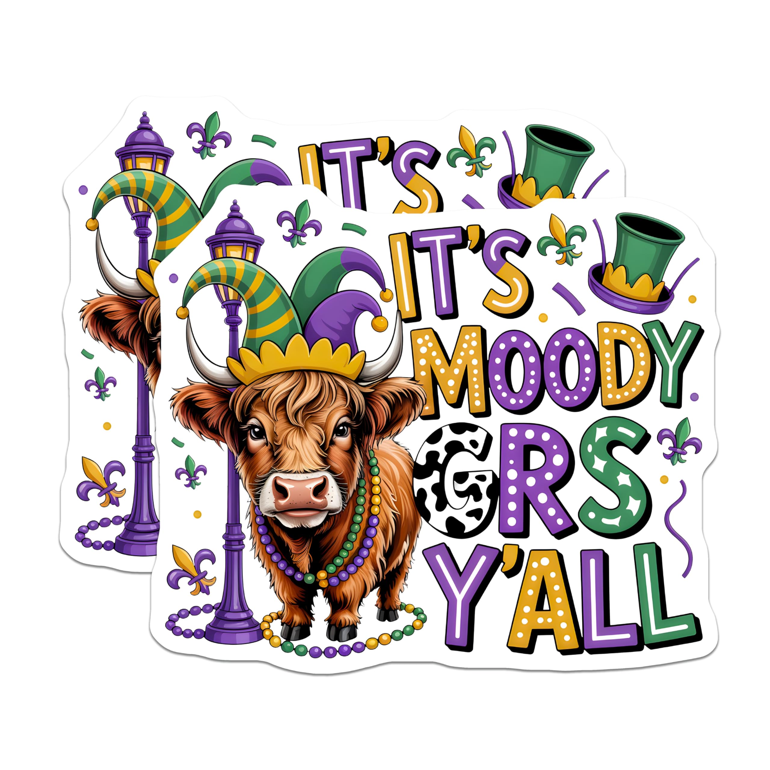 (2 Pack) Mardi Gras Highland Cow Magnets - Moody Gras Y'all Refrigerator Decor - Festive Kitchen Accent - 5 Inches On Longest Side - Thick Durable Magnet - Made in USA - MAG29672