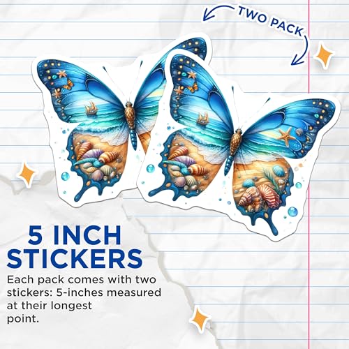 (2 Pack) Butterfly Beach Shell Stickers - Ocean Wave Art - Summer Seashell Sticker - 5" On Longest Side - Sticks to Smooth Flat Surfaces - Made in USA - BMCS6994