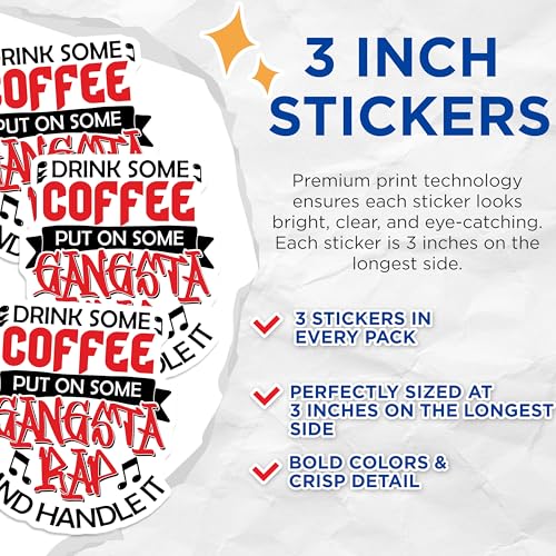 (3 Pack) Coffee Gangsta Rap Decals - Music Lover Laptop Stickers - Funny Sarcastic Decal - 3 Inches On Longest Side - Easy Peel & Apply - Made in USA - 3MCS7476