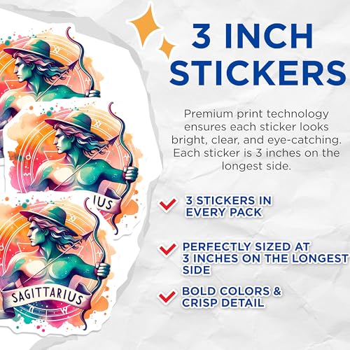(3 Pack) Sagittarius Decals - Zodiac Sign Stickers - Astrology Laptop Decal- 3 Inches On Longest Side - Easy Peel & Apply - Made in USA - 3MCS5669