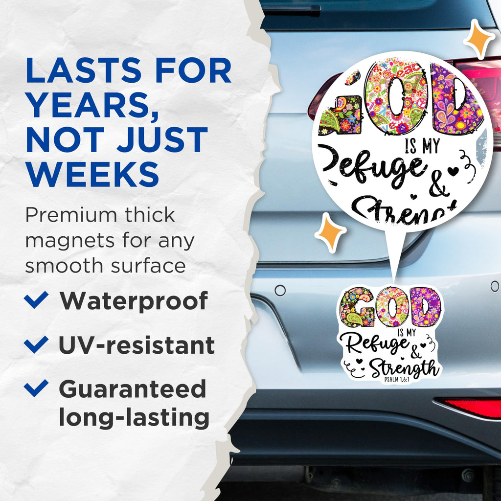 (2 Pack) God is My Refuge Strength Magnets - Inspirational Scripture - Christian Faith Decor - 5 Inches On Longest Side - Thick Durable Magnet - Made in USA - MAG27754