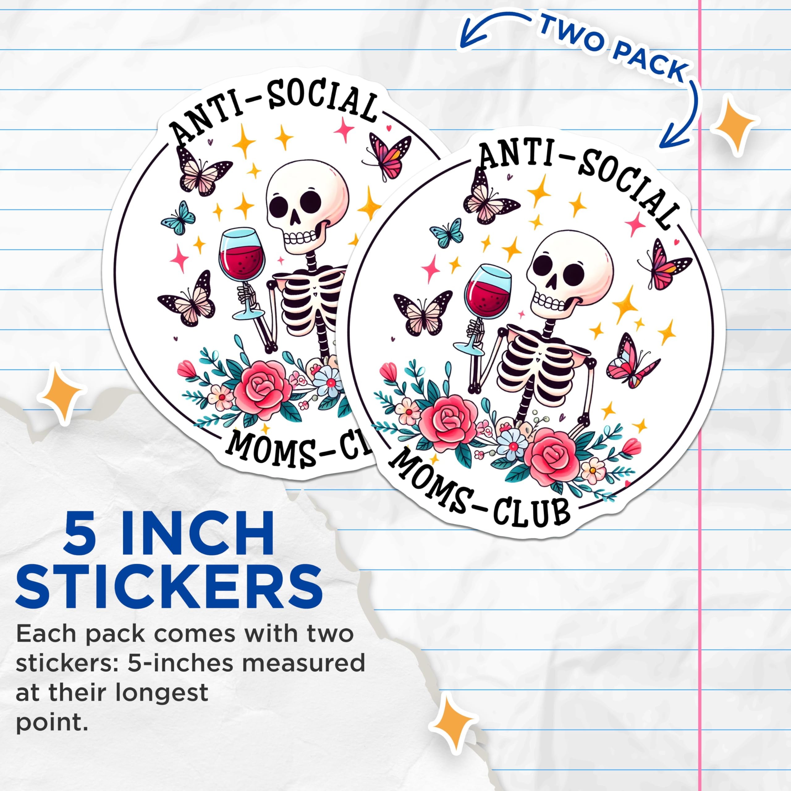 (2 Pack) Anti-Social Moms Club Stickers - Skeleton Holding Wine - Funny Mom Vinyl Decal - 5" On Longest Side - Sticks to Smooth Flat Surfaces - Made in USA - BMCS9774