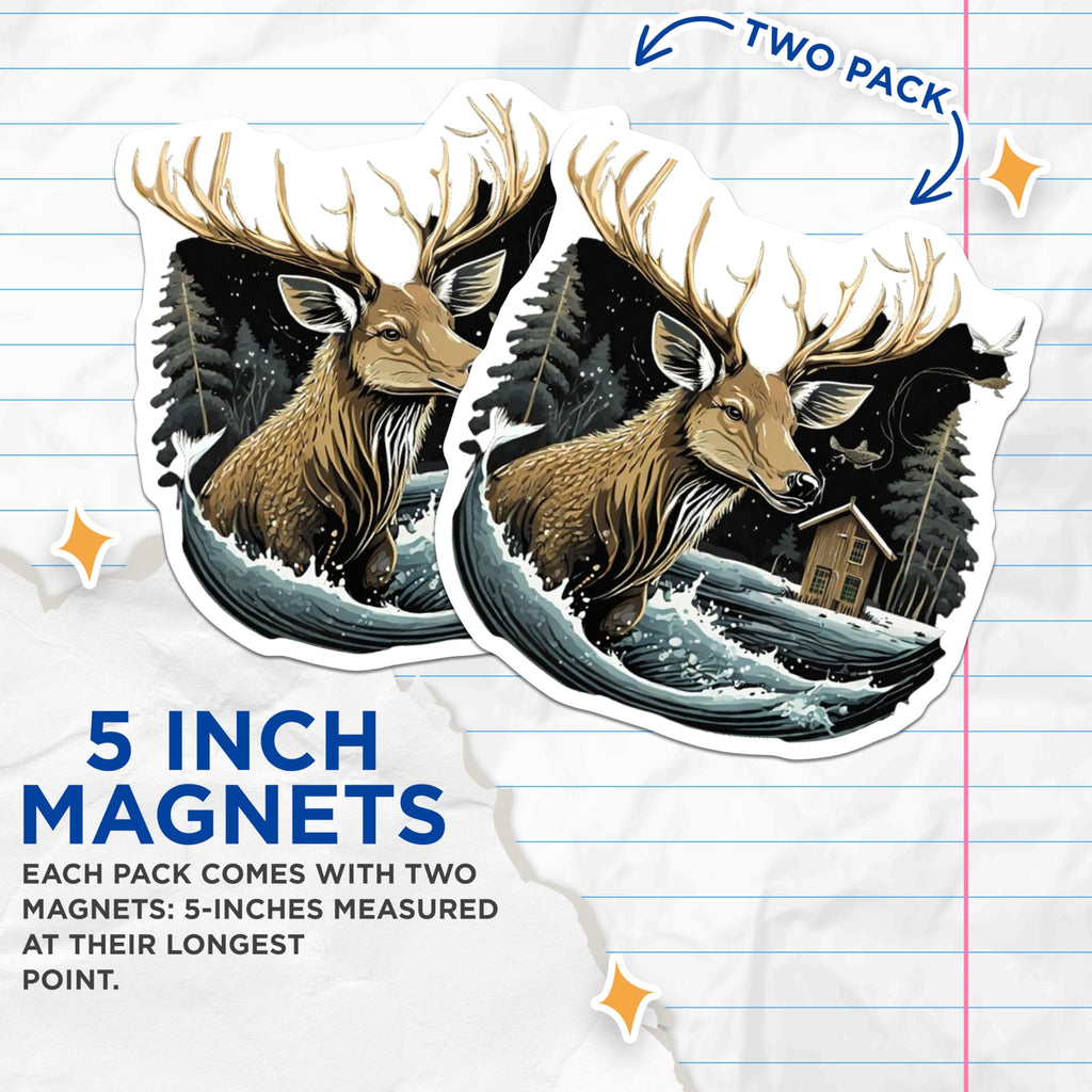 (2 Pack) Majestic Deer Magnets - Enchanting Snowy Winter Forest Landscape - Rustic Cabin Lakeside Woodland Lodge Decor - 5 Inches On Longest Side - Thick Durable Magnet - Made in USA - MAG22850